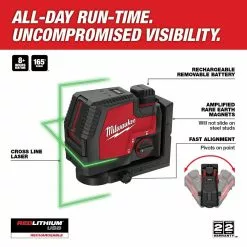 Tools & Equipment Milwaukee 3521-21 REDLITHIUM USB Rechargeable Cordless Green Cross Line Laser