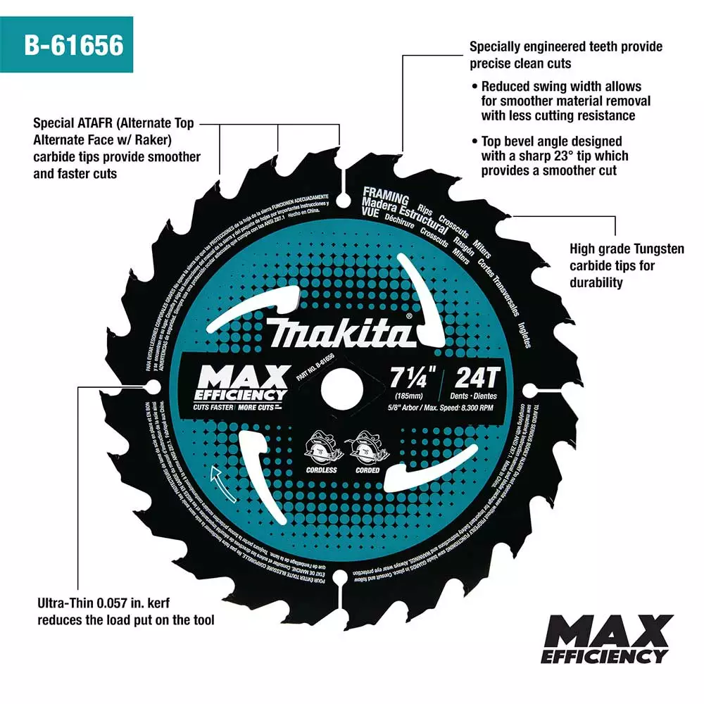 Makita B-61656-3 7-1/4" 24T Carbide Tipped Efficient Circular Saw Blade - 3 Pk Power Tools 4 Makita B-61656-3 7-1/4" 24T Carbide Tipped Efficient Circular Saw Blade - 3 Pk Power Tools