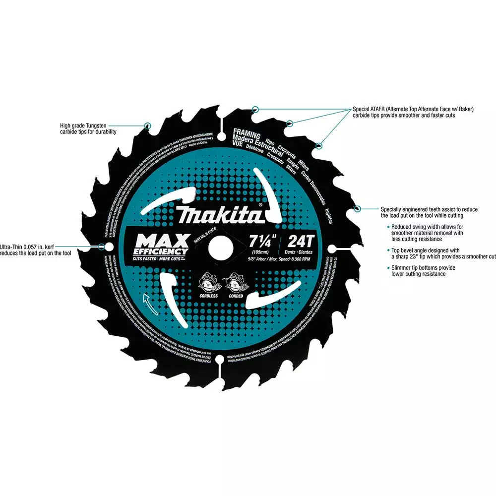 Makita B-61656-3 7-1/4" 24T Carbide Tipped Efficient Circular Saw Blade - 3 Pk Power Tools 5 Makita B-61656-3 7-1/4" 24T Carbide Tipped Efficient Circular Saw Blade - 3 Pk Power Tools