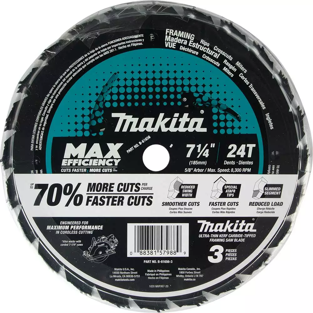Makita B-61656-3 7-1/4" 24T Carbide Tipped Efficient Circular Saw Blade - 3 Pk Power Tools 6 Makita B-61656-3 7-1/4" 24T Carbide Tipped Efficient Circular Saw Blade - 3 Pk Power Tools