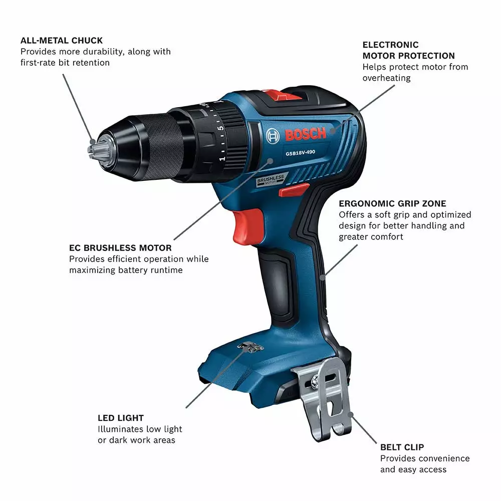 Tools & Equipment Bosch GSB18V-490N 18V 1/2" EC Brushless Hammer Drill/Driver - Bare Tool 4 Tools & Equipment Bosch GSB18V-490N 18V 1/2" EC Brushless Hammer Drill/Driver - Bare Tool