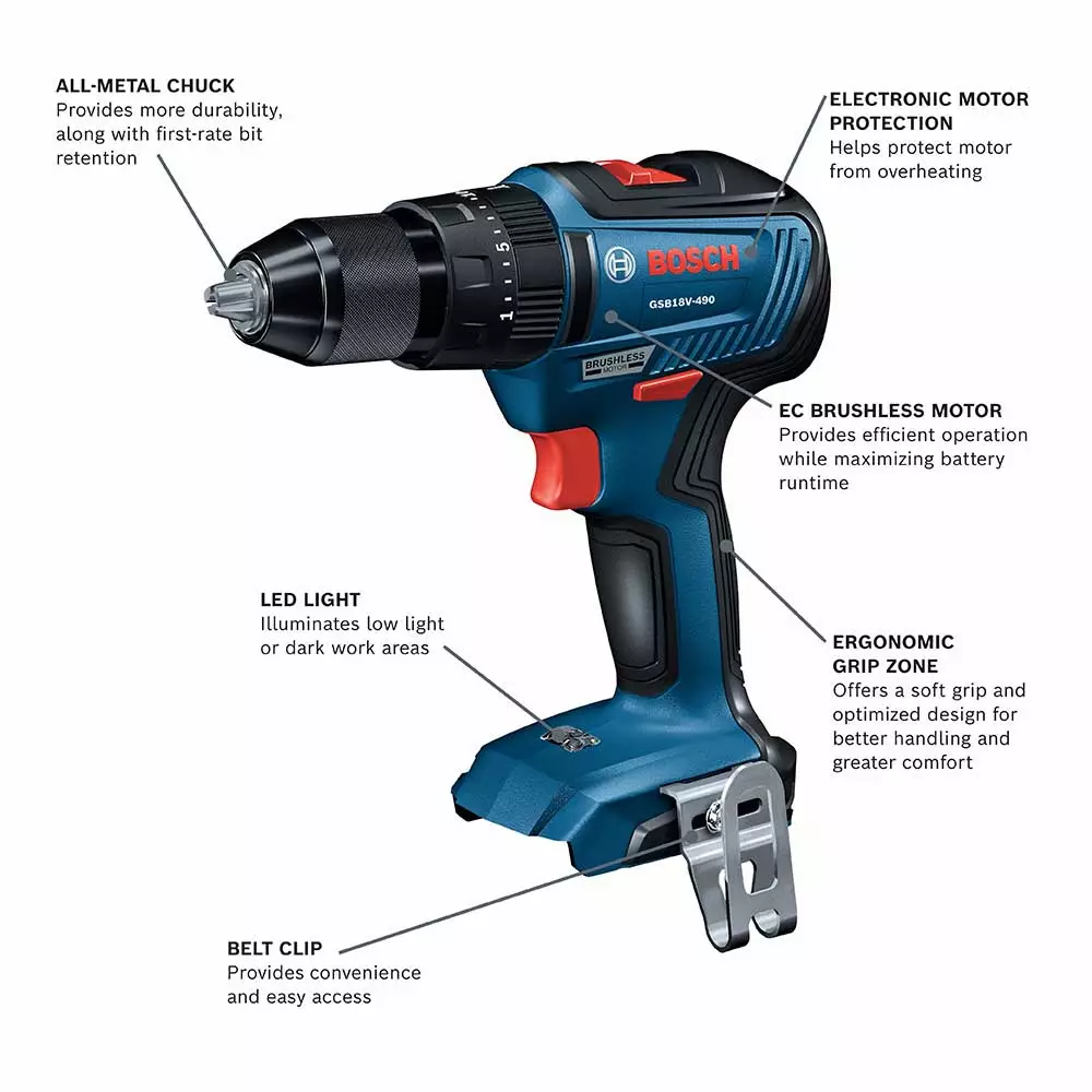 Tools & Equipment Bosch GSB18V-490N 18V 1/2" EC Brushless Hammer Drill/Driver - Bare Tool 5 Tools & Equipment Bosch GSB18V-490N 18V 1/2" EC Brushless Hammer Drill/Driver - Bare Tool