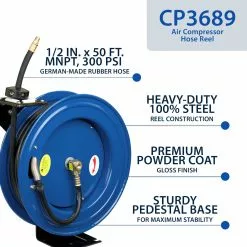 Cyclone Pneumatic 1/2” X 50’ 300 PSI Retractable Air Hose Reel W/ Rubber Hose