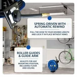 Cyclone Pneumatic 1/2” X 50’ 300 PSI Retractable Air Hose Reel W/ Rubber Hose