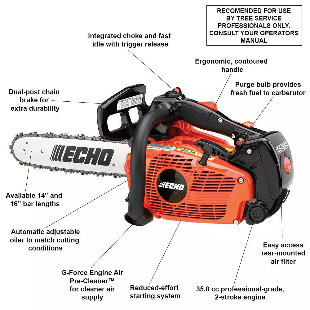 Echo CS-355T-16 35.8cc 16" 2 Stroke Gas Heavy Duty Durable Top Handle Chainsaw Lawn & Outdoor Power 4 Echo CS-355T-16 35.8cc 16" 2 Stroke Gas Heavy Duty Durable Top Handle Chainsaw Lawn & Outdoor Power