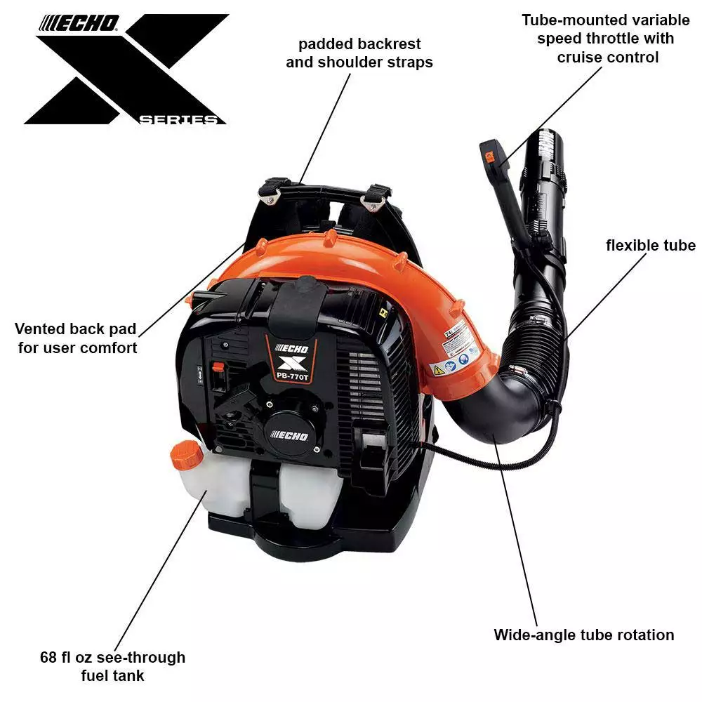 Echo PB-770T 63.3cc 756 CFM 2 Stroke Gas Durable Tube Throttle Backpack Blower 4 Echo PB-770T 63.3cc 756 CFM 2 Stroke Gas Durable Tube Throttle Backpack Blower