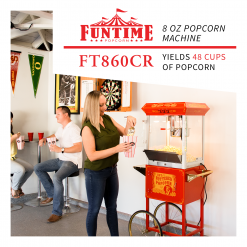FunTime FT860CR 8oz Premium Red/Gold Popcorn Popper Machine Maker Cart Vintage