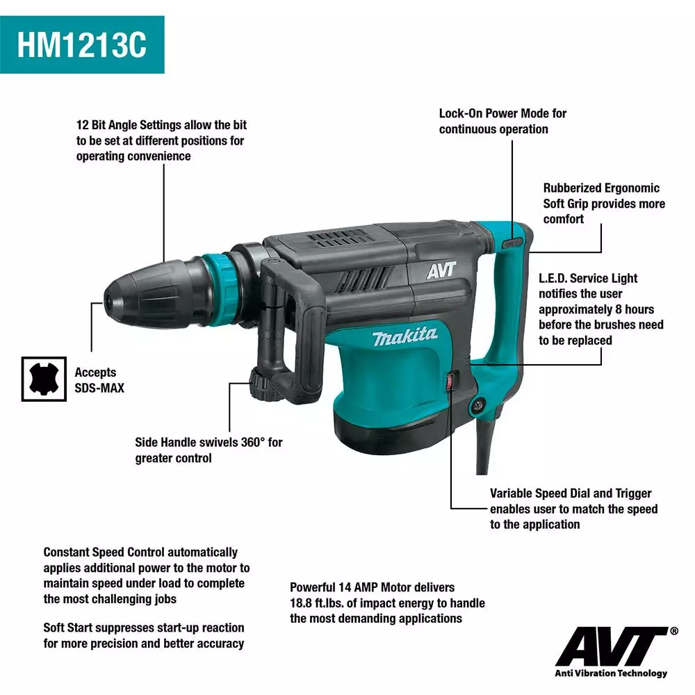Makita HM1213C AVT Corded Demolition Hammer Compatible W/ SDS-MAX Bits Tools & Equipment 8 Makita HM1213C AVT Corded Demolition Hammer Compatible W/ SDS-MAX Bits Tools & Equipment