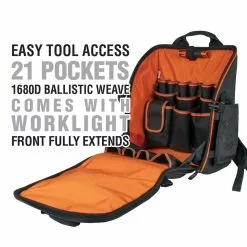 Tools & Equipment Klein 55655 21 Pockets Tradesman Pro Heavy Duty Tool Station Backpack W/ Light