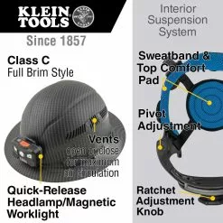 Tools & Equipment Klein 60347 Hard Hat Premium KARBN Vented Full Brim Class C W/ Headlamp