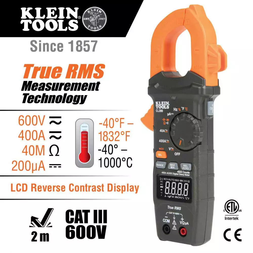 Klein CL390 AC/DC High Visibility Digital Clamp Meter Auto-Ranging 400 Amp 4 Klein CL390 AC/DC High Visibility Digital Clamp Meter Auto-Ranging 400 Amp