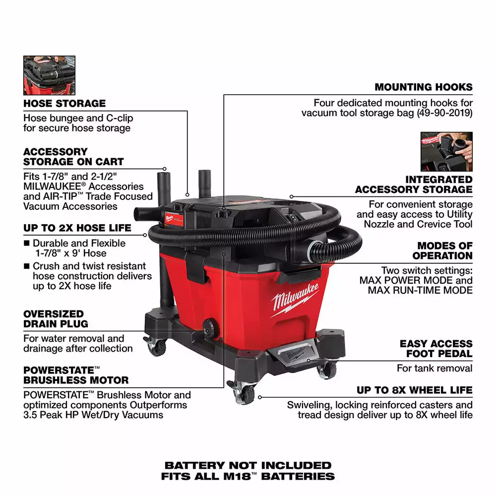 Milwaukee 0910-20LN M18 FUEL 6 Gallon Wet/Dry Vacuum W/ AIR-TIP Brush/Nozzle Kit Tools & Equipment 8 Milwaukee 0910-20LN M18 FUEL 6 Gallon Wet/Dry Vacuum W/ AIR-TIP Brush/Nozzle Kit Tools & Equipment