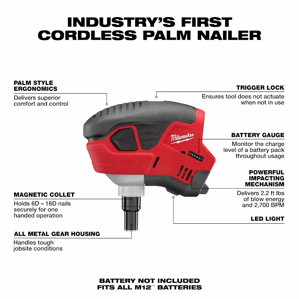 Milwaukee 2458-20 M12 12V Palm Nailer W/ Hand Strap - Bare Tool 4 Milwaukee 2458-20 M12 12V Palm Nailer W/ Hand Strap - Bare Tool