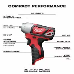 Milwaukee 2461-20 M12 12V 1/4-Inch Impact Wrench W/ Belt Clip - Bare Tool Tools & Equipment