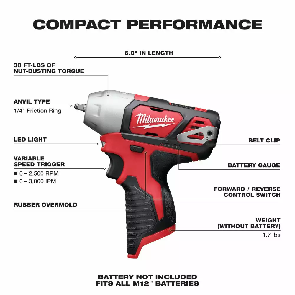 Milwaukee 2461-20 M12 12V 1/4-Inch Impact Wrench W/ Belt Clip - Bare Tool Tools & Equipment 4 Milwaukee 2461-20 M12 12V 1/4-Inch Impact Wrench W/ Belt Clip - Bare Tool Tools & Equipment
