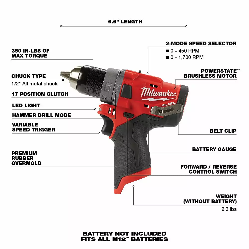 Tools & Equipment Milwaukee 2503-20 M12 FUEL 12V 1/2-Inch M12 FUEL Drill Driver - Bare Tool 9 Tools & Equipment Milwaukee 2503-20 M12 FUEL 12V 1/2-Inch M12 FUEL Drill Driver - Bare Tool