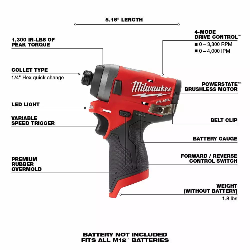 Milwaukee 2553-20 M12 FUEL 12V 1/4-Inch Hex Impact Driver - Bare Tool Tools & Equipment 8 Milwaukee 2553-20 M12 FUEL 12V 1/4-Inch Hex Impact Driver - Bare Tool Tools & Equipment