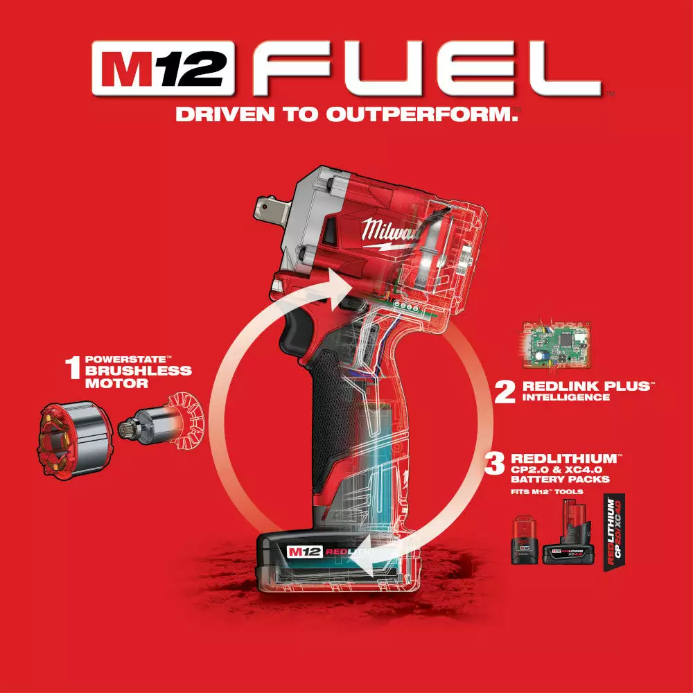 Tools & Equipment Milwaukee 2555P-22 M12 FUEL 12V 1/2-Inch Stubby Pin Impact Wrench Kit 9 Tools & Equipment Milwaukee 2555P-22 M12 FUEL 12V 1/2-Inch Stubby Pin Impact Wrench Kit