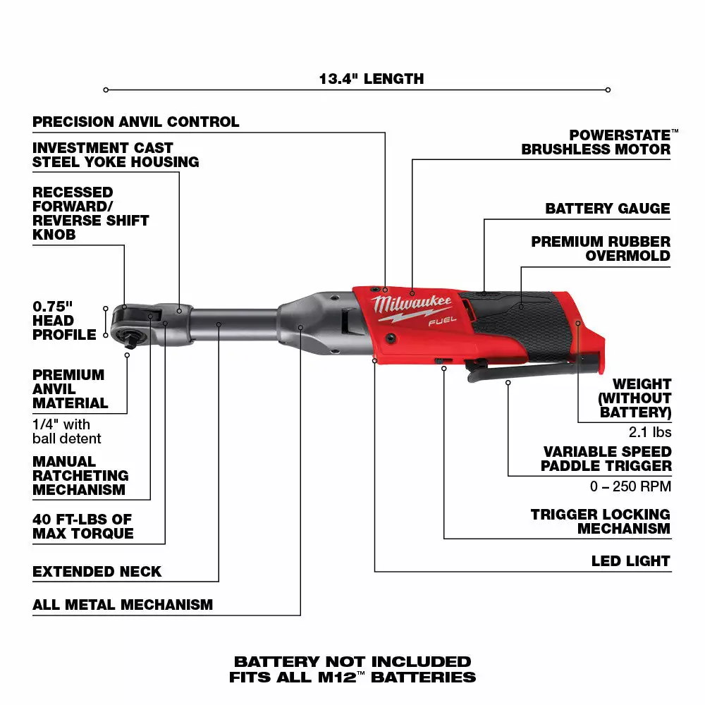 Tools & Equipment Milwaukee 2559-20 M12 FUEL 12V 1/4 Inch Extended Reach Ratchet Bare Tool 9 Tools & Equipment Milwaukee 2559-20 M12 FUEL 12V 1/4 Inch Extended Reach Ratchet Bare Tool