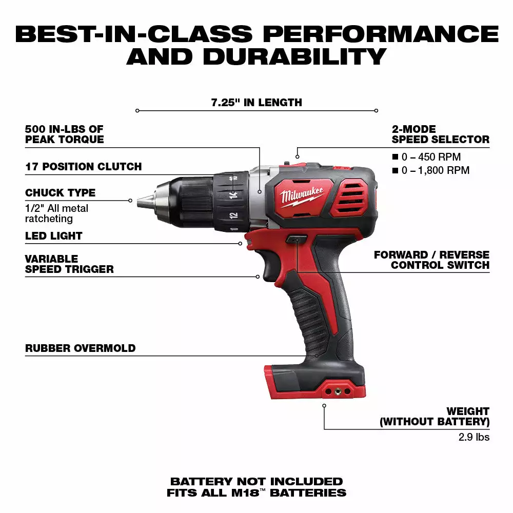 Tools & Equipment Milwaukee 2606-20 M18 18V Compact 1/2-Inch Drill Driver - Bare Tool 4 Tools & Equipment Milwaukee 2606-20 M18 18V Compact 1/2-Inch Drill Driver - Bare Tool