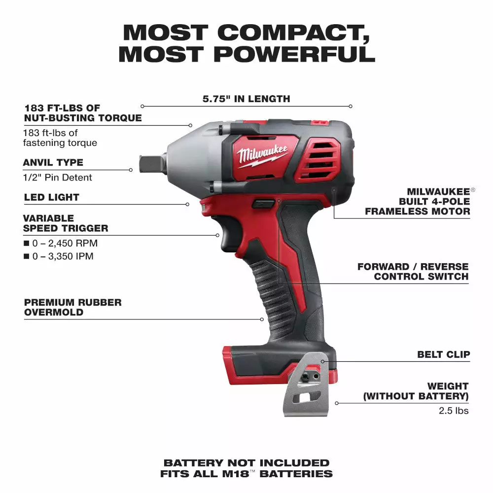 Milwaukee 2659-20 M18 18V 1/2-Inch Impact Wrench W/ Belt Clip - Bare Tool 4 Milwaukee 2659-20 M18 18V 1/2-Inch Impact Wrench W/ Belt Clip - Bare Tool