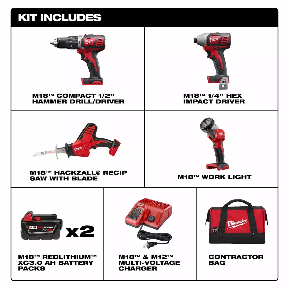 Tools & Equipment Milwaukee 2695-24 M18 18V Cordless Power Lithium-Ion 4-Tool Combo Kit 4 Tools & Equipment Milwaukee 2695-24 M18 18V Cordless Power Lithium-Ion 4-Tool Combo Kit