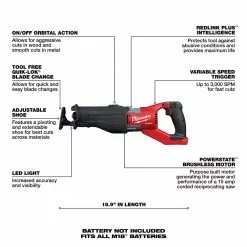 Milwaukee 2722-20 M18 FUEL 18V 1-1/4-Inch Reciprocating Saw - Bare Tool Tools & Equipment 19 Milwaukee 2722-20 M18 FUEL 18V 1-1/4-Inch Reciprocating Saw - Bare Tool Tools & Equipment