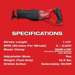 Milwaukee 2722-20 M18 FUEL 18V 1-1/4-Inch Reciprocating Saw - Bare Tool Tools & Equipment 20 Milwaukee 2722-20 M18 FUEL 18V 1-1/4-Inch Reciprocating Saw - Bare Tool Tools & Equipment