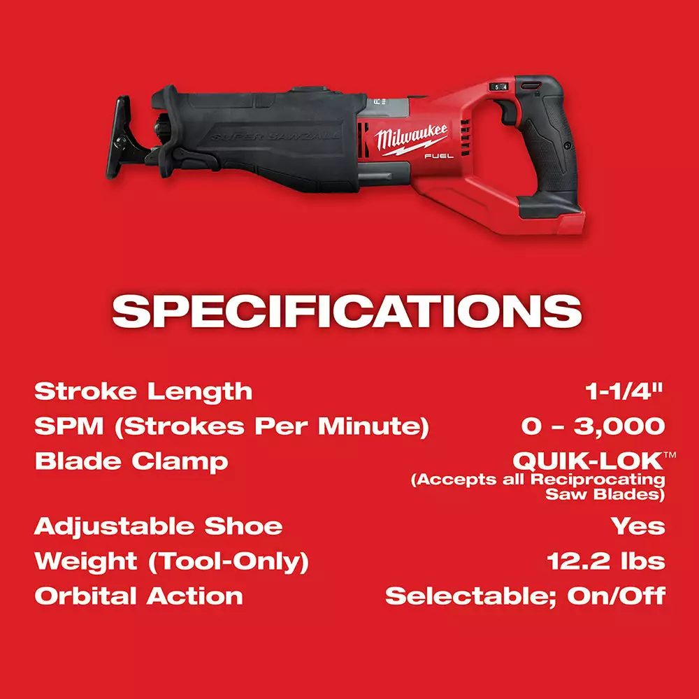Milwaukee 2722-20 M18 FUEL 18V 1-1/4-Inch Reciprocating Saw - Bare Tool Tools & Equipment 9 Milwaukee 2722-20 M18 FUEL 18V 1-1/4-Inch Reciprocating Saw - Bare Tool Tools & Equipment