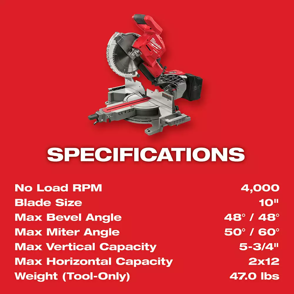 Milwaukee 2734-20 M18 FUEL 18V 10" Dual Bevel Carbide Blade Miter Saw -Bare Tool Tools & Equipment 10 Milwaukee 2734-20 M18 FUEL 18V 10" Dual Bevel Carbide Blade Miter Saw -Bare Tool Tools & Equipment