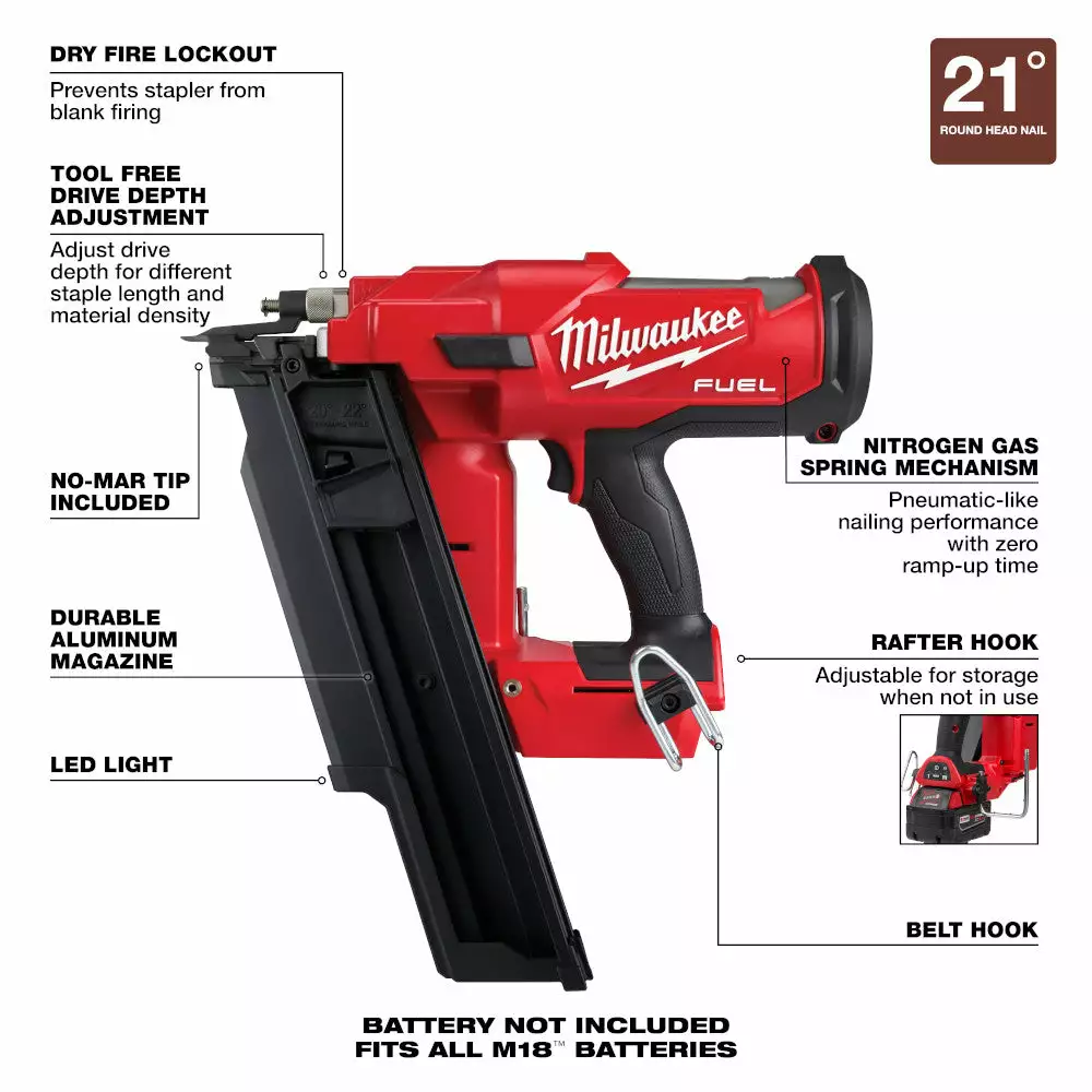 Milwaukee 2744-20 18V M18 FUEL 18V 21 Degree Framing Nailer - Bare Tool Tools & Equipment 10 Milwaukee 2744-20 18V M18 FUEL 18V 21 Degree Framing Nailer - Bare Tool Tools & Equipment