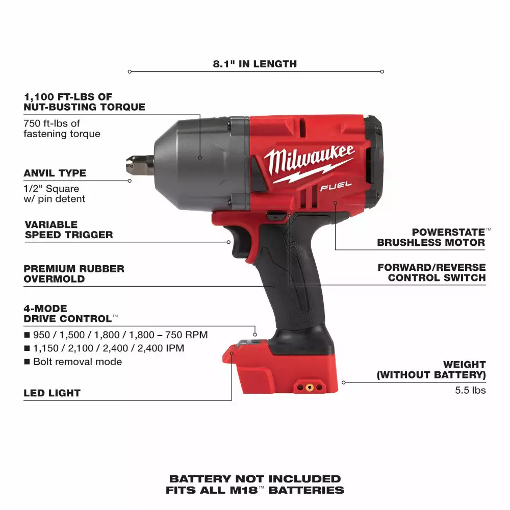 Milwaukee 2766-20 M18 FUEL 18V 1/2-Inch Detent Pin Impact Wrench - Bare Tool Tools & Equipment 9 Milwaukee 2766-20 M18 FUEL 18V 1/2-Inch Detent Pin Impact Wrench - Bare Tool Tools & Equipment