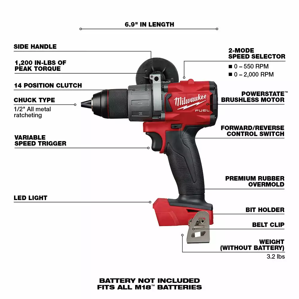 Milwaukee 2803-20 M18 FUEL 18V 1/2" Cordless Brushless Drill Driver - Bare Tool Tools & Equipment 9 Milwaukee 2803-20 M18 FUEL 18V 1/2" Cordless Brushless Drill Driver - Bare Tool Tools & Equipment