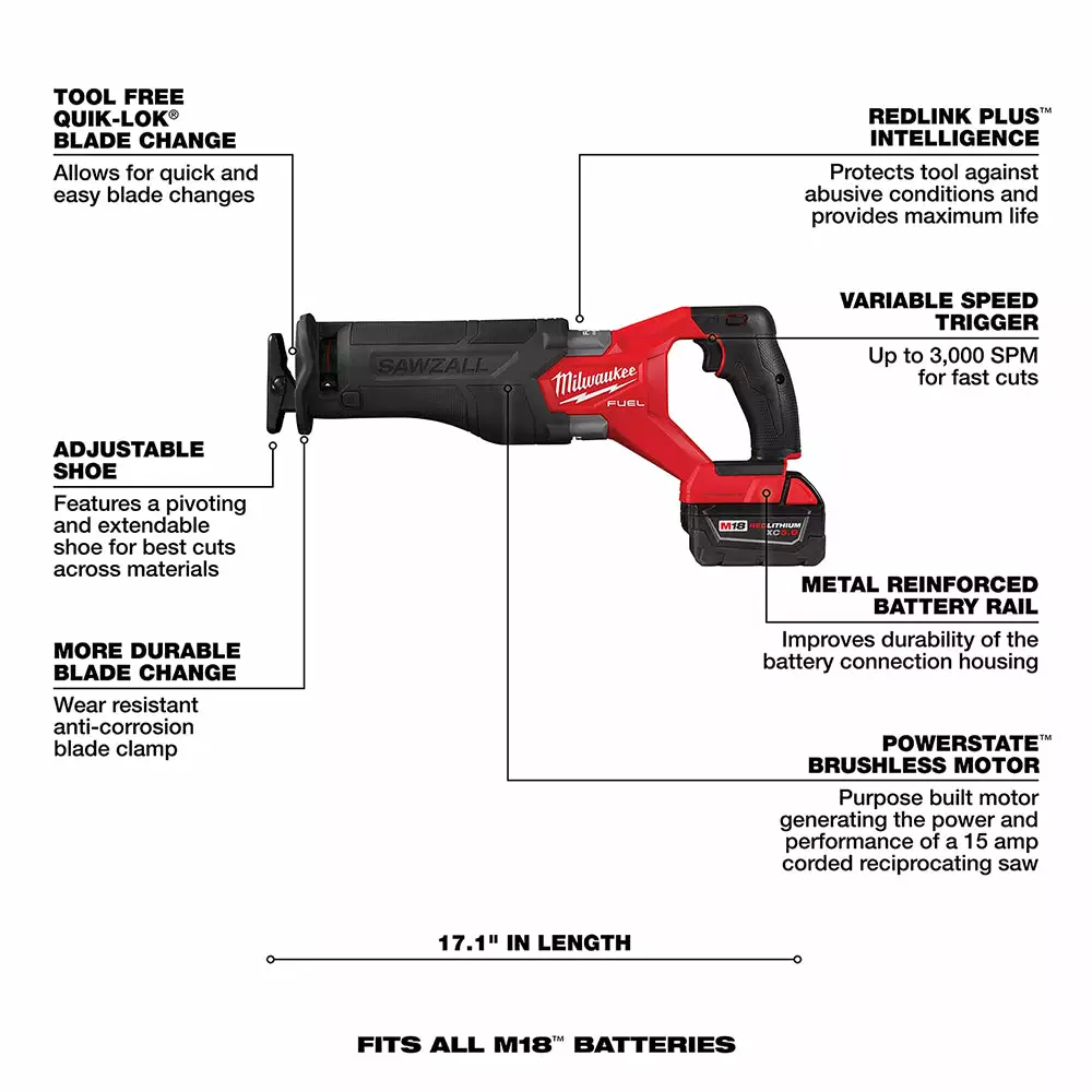Tools & Equipment Milwaukee 2821-22 M18 FUEL 18V SAWZALL Cordless Reciprocating Saw Kit - 2/XC5.0 9 Tools & Equipment Milwaukee 2821-22 M18 FUEL 18V SAWZALL Cordless Reciprocating Saw Kit - 2/XC5.0