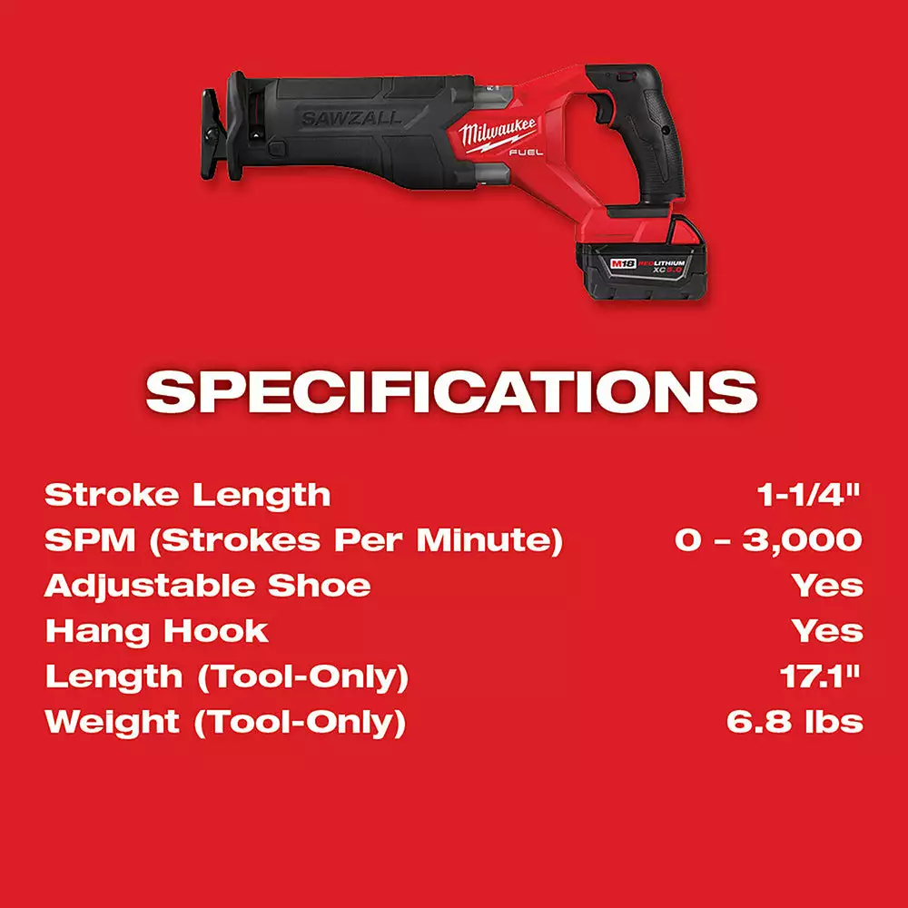 Tools & Equipment Milwaukee 2821-22 M18 FUEL 18V SAWZALL Cordless Reciprocating Saw Kit - 2/XC5.0 10 Tools & Equipment Milwaukee 2821-22 M18 FUEL 18V SAWZALL Cordless Reciprocating Saw Kit - 2/XC5.0