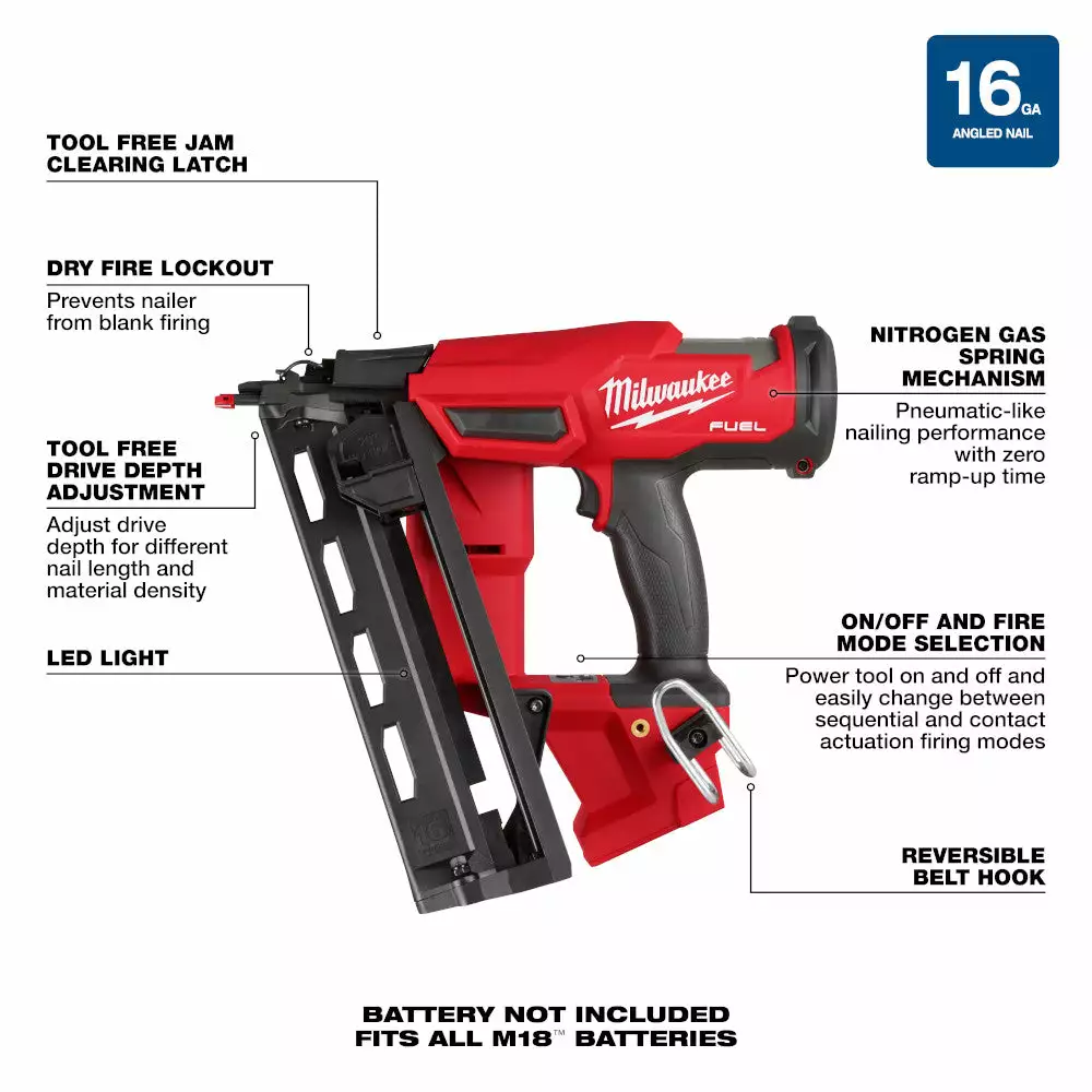 Tools & Equipment Milwaukee 2841-20 M18 FUEL Ergonomic 16 Gauge Angled Finish Nailer - Bare Tool 5 Tools & Equipment Milwaukee 2841-20 M18 FUEL Ergonomic 16 Gauge Angled Finish Nailer - Bare Tool