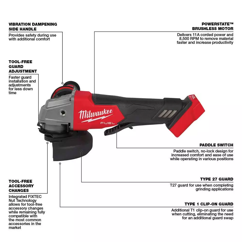 Milwaukee 2880-20 M18 FUEL 4-1/2" / 5" Grinder Paddle Switch No-Lock - Bare Tool 5 Milwaukee 2880-20 M18 FUEL 4-1/2" / 5" Grinder Paddle Switch No-Lock - Bare Tool