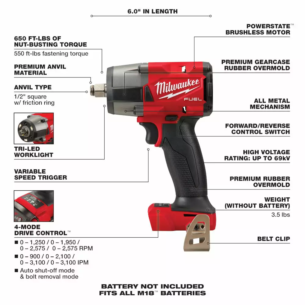 Milwaukee 2962-20 M18 FUEL 18V 1/2" Cordless Mid-Torque Impact Wrench -Bare Tool Tools & Equipment 9 Milwaukee 2962-20 M18 FUEL 18V 1/2" Cordless Mid-Torque Impact Wrench -Bare Tool Tools & Equipment