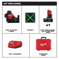 Tools & Equipment Milwaukee 3632-21 M12 12V Lithium-Ion Cordless Green 3-Plane Laser Level Kit