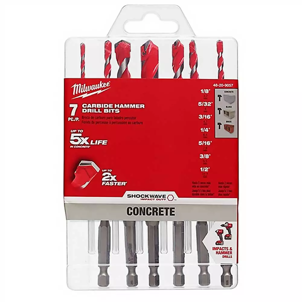Milwaukee 48-20-9057 SHOCKWAVE Hex Shank Large Carbide Hammer Bit Kit - 7 Pc Tools & Equipment 4 Milwaukee 48-20-9057 SHOCKWAVE Hex Shank Large Carbide Hammer Bit Kit - 7 Pc Tools & Equipment