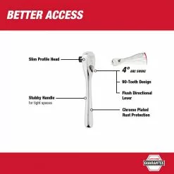 Milwaukee 48-22-9036 3/8” Drive 5" Ratchet Chrome Plated W/ Stubby Handle Tools & Equipment