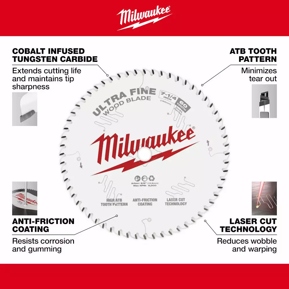 Milwaukee 48-40-0730 7-1/4" 60T Ultra Fine Finish Circular Saw Blade Tools & Equipment 4 Milwaukee 48-40-0730 7-1/4" 60T Ultra Fine Finish Circular Saw Blade Tools & Equipment