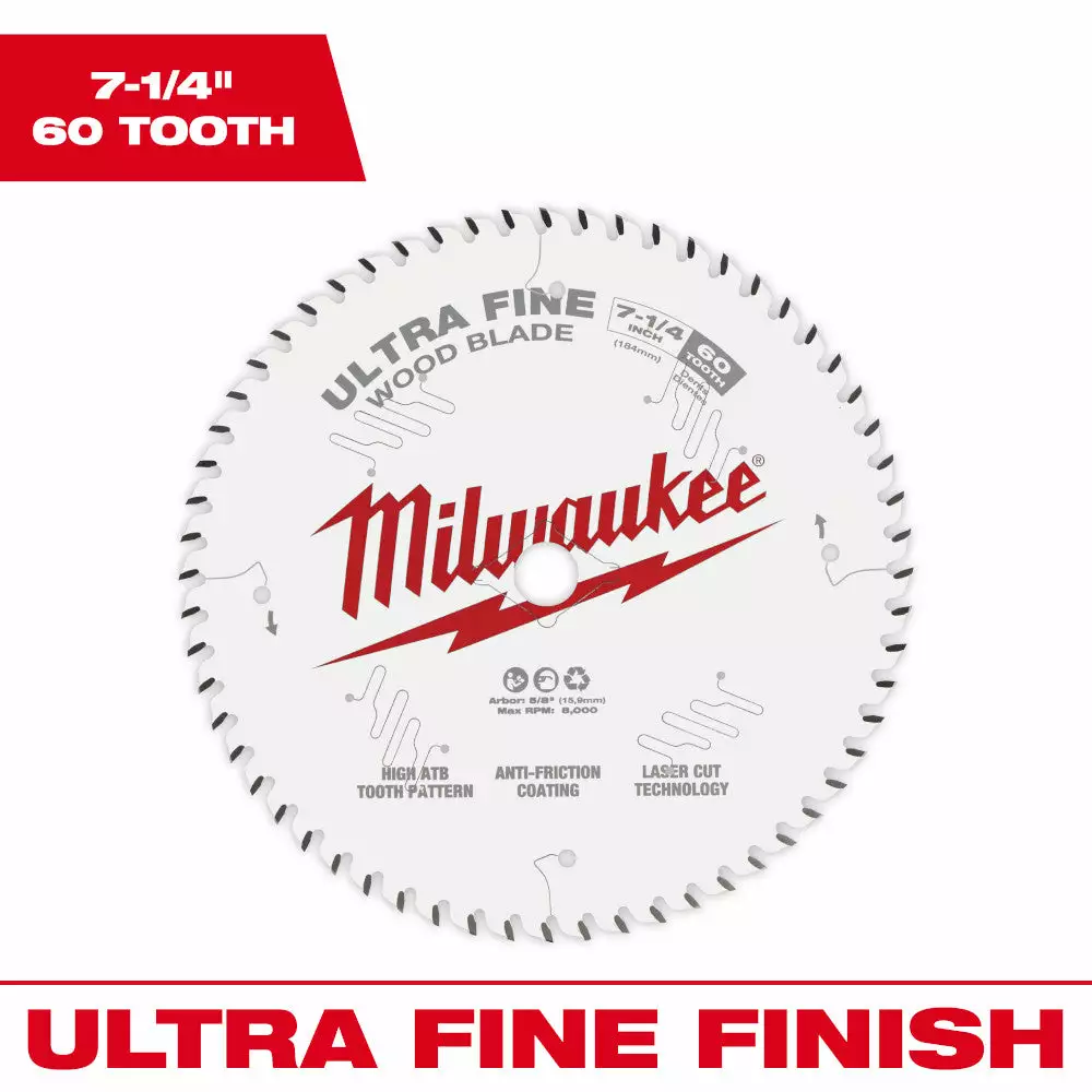 Milwaukee 48-40-0730 7-1/4" 60T Ultra Fine Finish Circular Saw Blade Tools & Equipment 5 Milwaukee 48-40-0730 7-1/4" 60T Ultra Fine Finish Circular Saw Blade Tools & Equipment