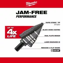 Tools & Equipment Milwaukee 48-89-9212 #12 JAM FREE Step Drill Bit 7/8" - 1-3/8"