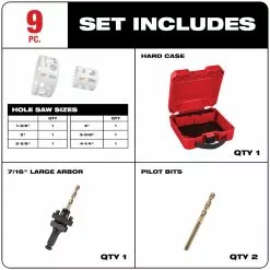 Tools & Equipment Milwaukee 49-22-3077 9 PC HOLE DOZER W/Carbide Teeth Hole Saw Large Diameter Kit