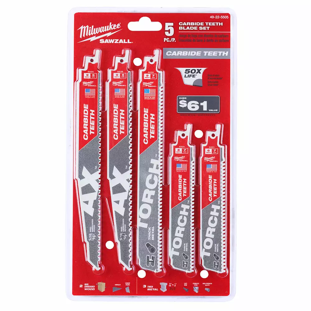 Tools & Equipment Milwaukee 49-22-5505 SAWZALL Carbide Demolition Reciprocating Saw Blade - 5 PC 3 Tools & Equipment Milwaukee 49-22-5505 SAWZALL Carbide Demolition Reciprocating Saw Blade - 5 PC