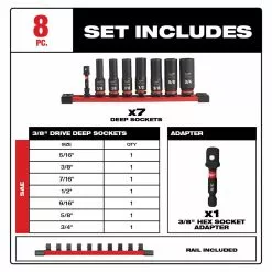 Milwaukee 49-66-7024 SHOCKWAVE 3/8" Drive SAE 6 Point Impact Socket Set - 8PC Tools & Equipment