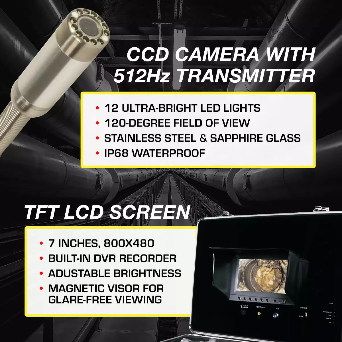 Video Snake SWJ-3188DT 65' Pipe Inspection Color LED Camera W/ Transmitter 6 Video Snake SWJ-3188DT 65' Pipe Inspection Color LED Camera W/ Transmitter