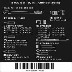 Wera 05004050001 8100 SB Zyklop 3/8" Metal Push Square Ratchet Set - 29 PC
