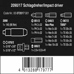 Tools & Equipment Wera 05072017001 2090/17 Impact Driver Set W/ 5/16" Hexagon Socket - 17 PC